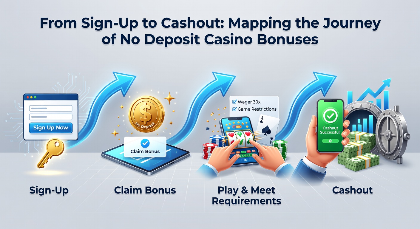 Detaillierte Infografik zu Umsatzbedingungen und Auszahlungsprozessen bei No-Deposit-Boni, inklusive Beispielen für gängige Casinos